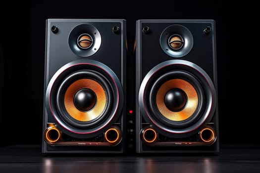 Multimedia acoustic speakers in the dark. Sound audio system.
