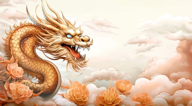 A drawing of a chinese dragon with copy space. Template for postcard, poster, sticker, etc. Design element for creativity