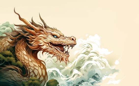 A drawing of a chinese dragon with copy space. Template for postcard, poster, sticker, etc. Design element for creativity