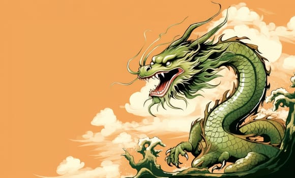 A drawing of a chinese dragon with copy space. Template for postcard, poster, sticker, etc. Design element for creativity