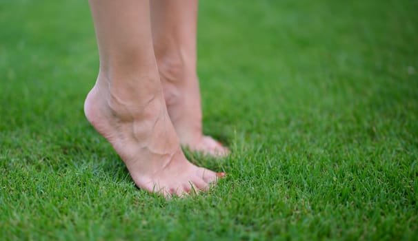 Bare female feet standing on green grass on tiptoe closeup. Yoga in nature concept