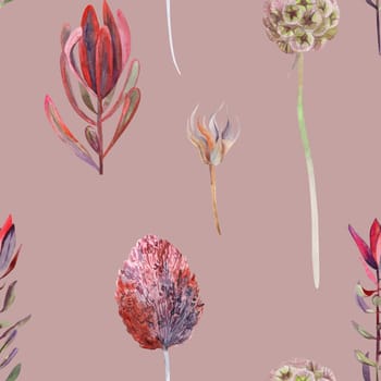 Seamless botanical simple pattern with vertical watercolor flowers