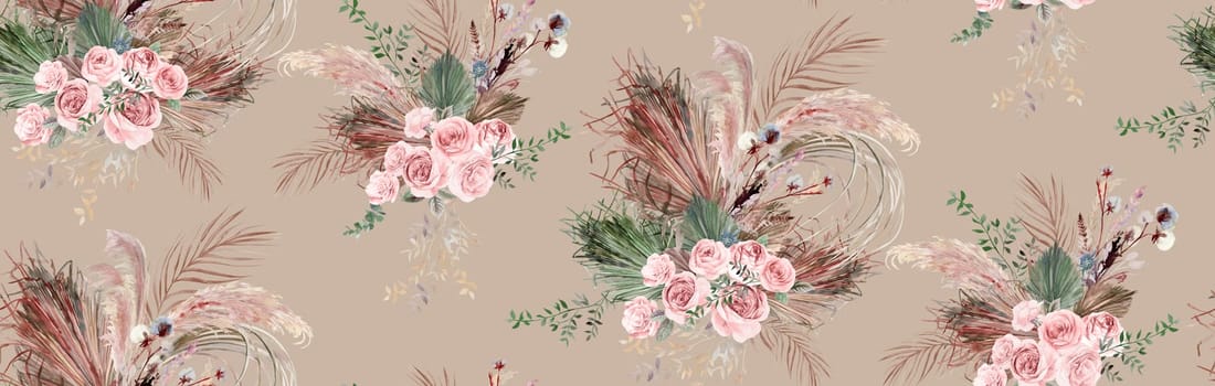 Watercolor seamless pattern in boho style with botanical composition of dried flowers with palm leaves and delicate rose flowers and for textile