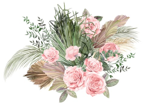 Watercolor illustration with a bouquet with flowers of light roses and dried flowers and palm leaves in Boho style isolated on a white background