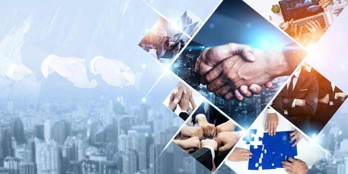 Teamwork and human resources HR management technology concept in corporate business with people group networking to support partnership, trust, teamwork and unity of coworkers in office kudos