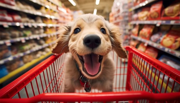 Cute funny dog in grocery store shopping in supermarket. puppy dog sitting in a shopping cart on blurred shop mall background. Concept for animal pets groceries,delivery,shopping background cute