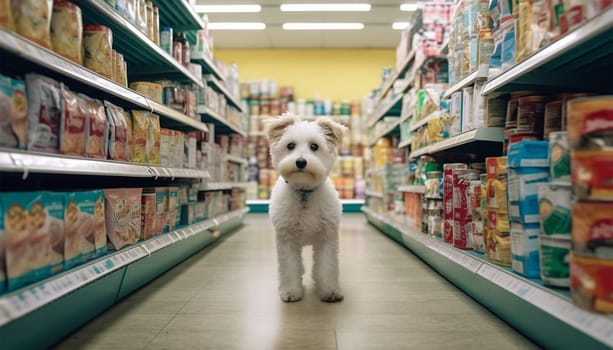 Cute funny dog in grocery store shopping in supermarket. puppy dog sitting in a shopping cart on blurred shop mall background. Concept for animal pets groceries,delivery,shopping background cute