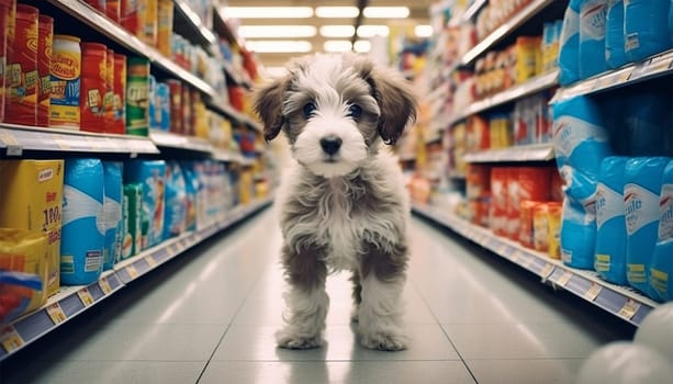 Cute funny dog in grocery store shopping in supermarket. puppy dog sitting in a shopping cart on blurred shop mall background. Concept for animal pets groceries,delivery,shopping background cute