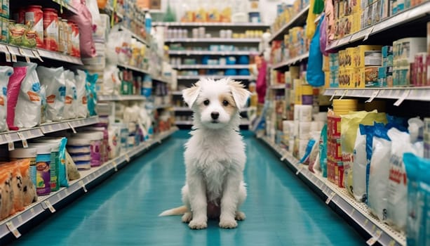 Cute funny dog in grocery store shopping in supermarket. puppy dog sitting in a shopping cart on blurred shop mall background. Concept for animal pets groceries,delivery,shopping background cute