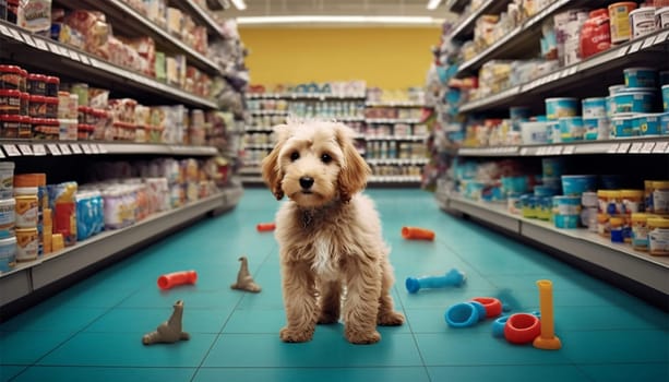 Cute funny dog in grocery store shopping in supermarket. puppy dog sitting in a shopping cart on blurred shop mall background. Concept for animal pets groceries,delivery,shopping background cute