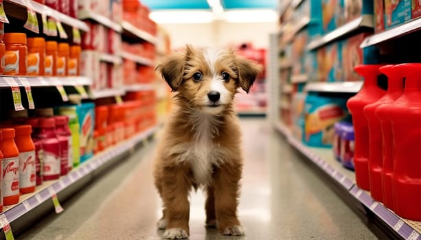 Cute funny dog in grocery store shopping in supermarket. puppy dog sitting in a shopping cart on blurred shop mall background. Concept for animal pets groceries,delivery,shopping background cute