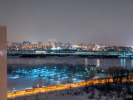 Cityscape on winter night. Urban dstrict on winter season.