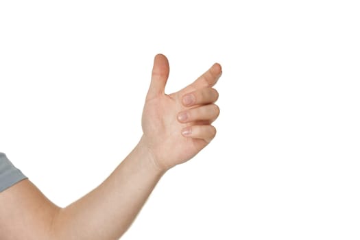 Empty male hand holding something isolated on white background
