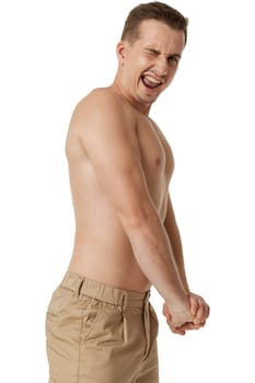 young man showing his bicep over white background