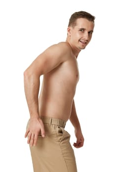 guy with muscular male torso and chest on white background,