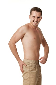 guy with muscular male torso and chest on white background,