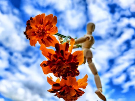 Wooden toy man with flowers and sky full white clouds on backgroudn. Concept of holiday, bouquet, Valentine's Day, proposal, engagement, declaration of love, Mother's Day. Caring, loving, romantic