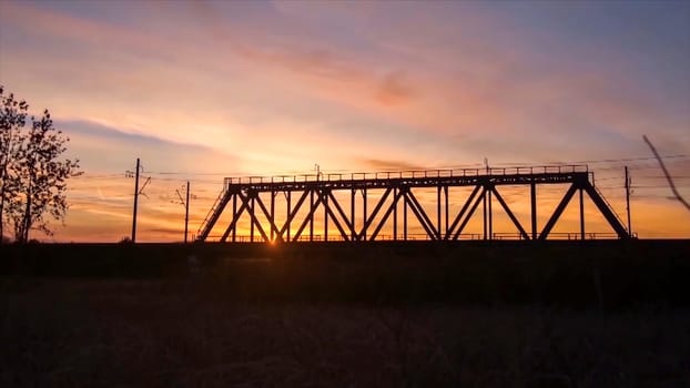 Bridge road. Train traffic transportation. Timelapse railway bridge on sunrise.