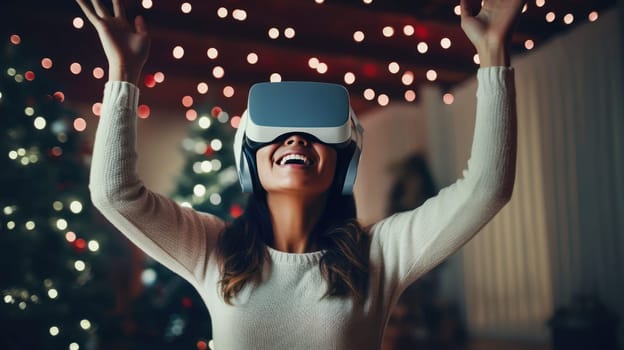 Attractive woman wearing VR goggles exploring cyberspace with Christmas decorated room on background.