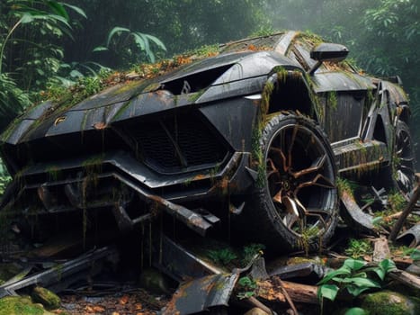 Abandoned rusty expensive atmospheric 4x4 suvas circulation banned for co2 emission 2030 agenda , severe damage, broken parts, plants overgrowth bloom flowers. ai generated