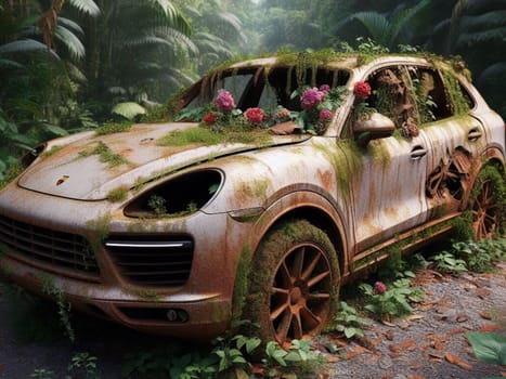 Abandoned rusty expensive atmospheric 4x4 suvas circulation banned for co2 emission 2030 agenda , severe damage, broken parts, plants overgrowth bloom flowers. ai generated