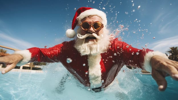 Santa Claus swim and relax in blue transparent pool water. Merry Christmas and Happy New Year travel destinations concept
