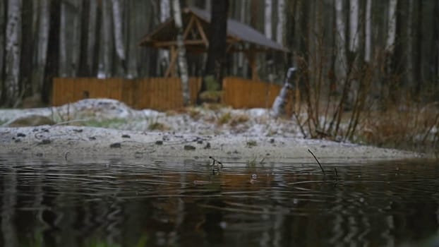 Old wooden dock covered by first snow on a dull and gray but calm day. Pier at the lake, forest lake shore rain and snow. The mirror surface of the lake, the forest is covered with the first snow. reflection in the water HD