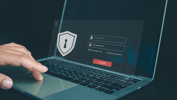 Cyber security and password login concept, Hands uses computer and entering username and password of data network, log in with laptop to digital information system, Online data protection concept
