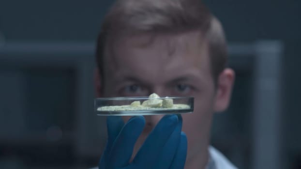 A scientist holding a Petri Dish with Virus and bacteria cells. A medical or agricultural scientist, chemist or researcher holding a petri dish with clear fluid. Petri dish with sample.