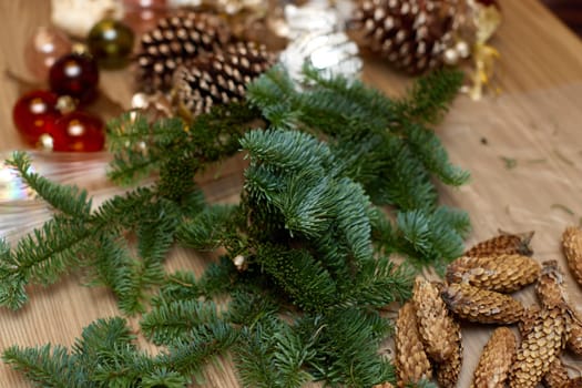 Homemade Craft christmas tools and decorations on table
