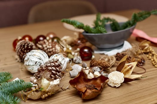 Homemade Craft christmas tools and decorations on table