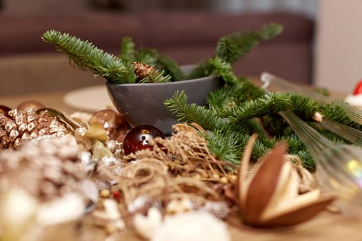 Homemade Craft christmas tools and decorations on table