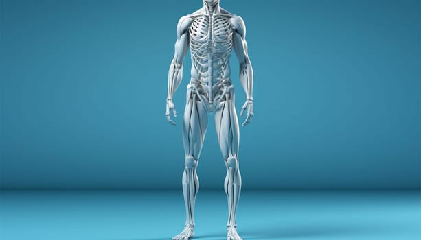 Anatomical Human head and shoulders. Demonstrating the muscles and ligaments of a human being. Image is on blue background. Mannequin anatomy internal organs, x ray,model for medical healthcare 3D Copy space
