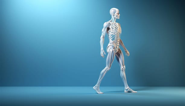 Anatomical Human head and shoulders. Demonstrating the muscles and ligaments of a human being. Image is on blue background. Mannequin anatomy internal organs, x ray,model for medical healthcare 3D Copy space