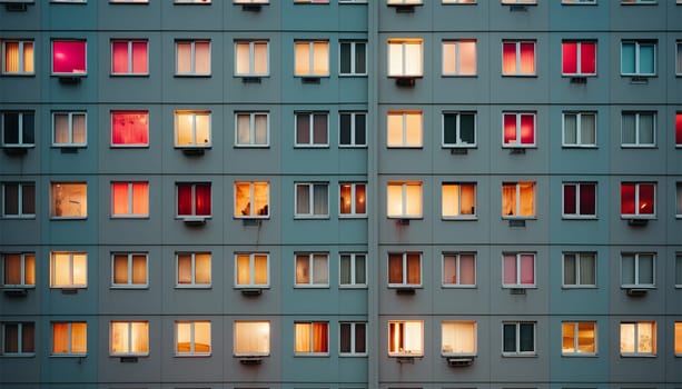 Apartment building by night. Lights in windows. windows building front facade by night in the city night shot of building colorful lights cozy