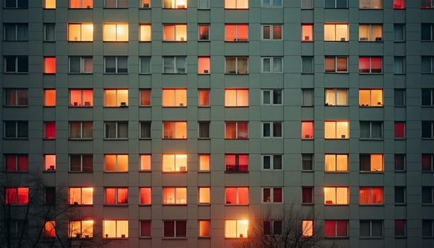 Apartment building by night. Lights in windows. windows building front facade by night in the city night shot of building colorful lights cozy