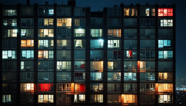Apartment building by night. Lights in windows. windows building front facade by night in the city night shot of building colorful lights cozy