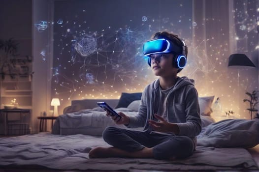 teenager at home play virtual online game in metaverse wear googles use joystick remote control ai generated