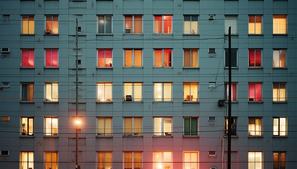 Apartment building by night. Lights in windows. windows building front facade by night in the city night shot of building colorful lights cozy