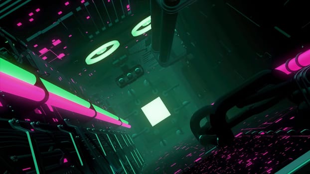 Animation of clean and dark futuristic alien scifi fantasy hangar. Motion. View inside of an abstract tunnel or corridor with gring and pink illumination