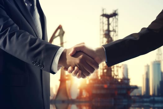 Businessmen shaking hands on background with oil derricks. Business deal concept.