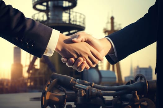 Businessmen shaking hands on background with oil derricks. Business deal concept.