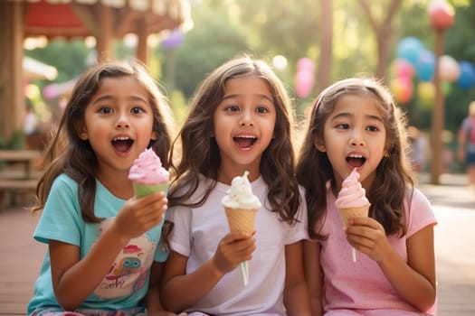 a group of kids , boys and girls, having ice cream gelato cones in a park in summer time ai generated