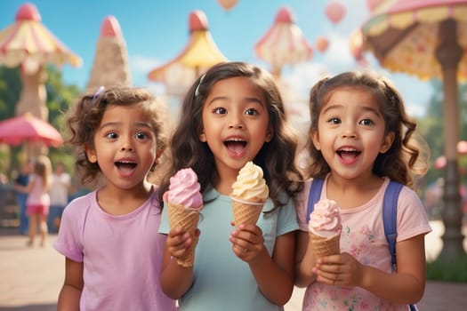 a group of kids , boys and girls, having ice cream gelato cones in a park in summer time ai generated