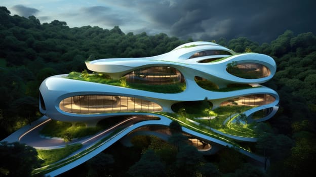 Futuristic sustainable complex office building for green economy and sustainability comeliness