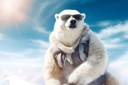 A stylish polar bear donned in sunglasses captures the essence of Arctic coolness against the vast blue sky