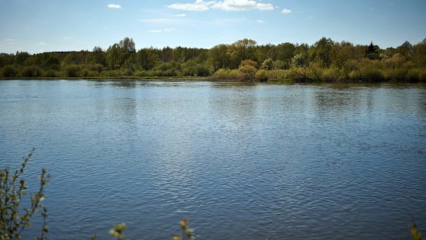 Reflection in the Neman River of cumulus clouds and the river bank overgrown with bushes and trees. Belarus region