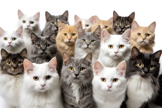 A group of cats of different breeds sitting in a raw in a white background.