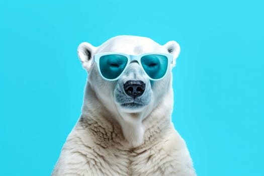 Advertising poster or banner with white polar bear in sunglasses against a stylish blue backdrop, radiating winter charm