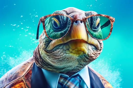 A turtle with a serious expression and glasses presents the concept of business experience and wisdom against a vibrant blue backdrop